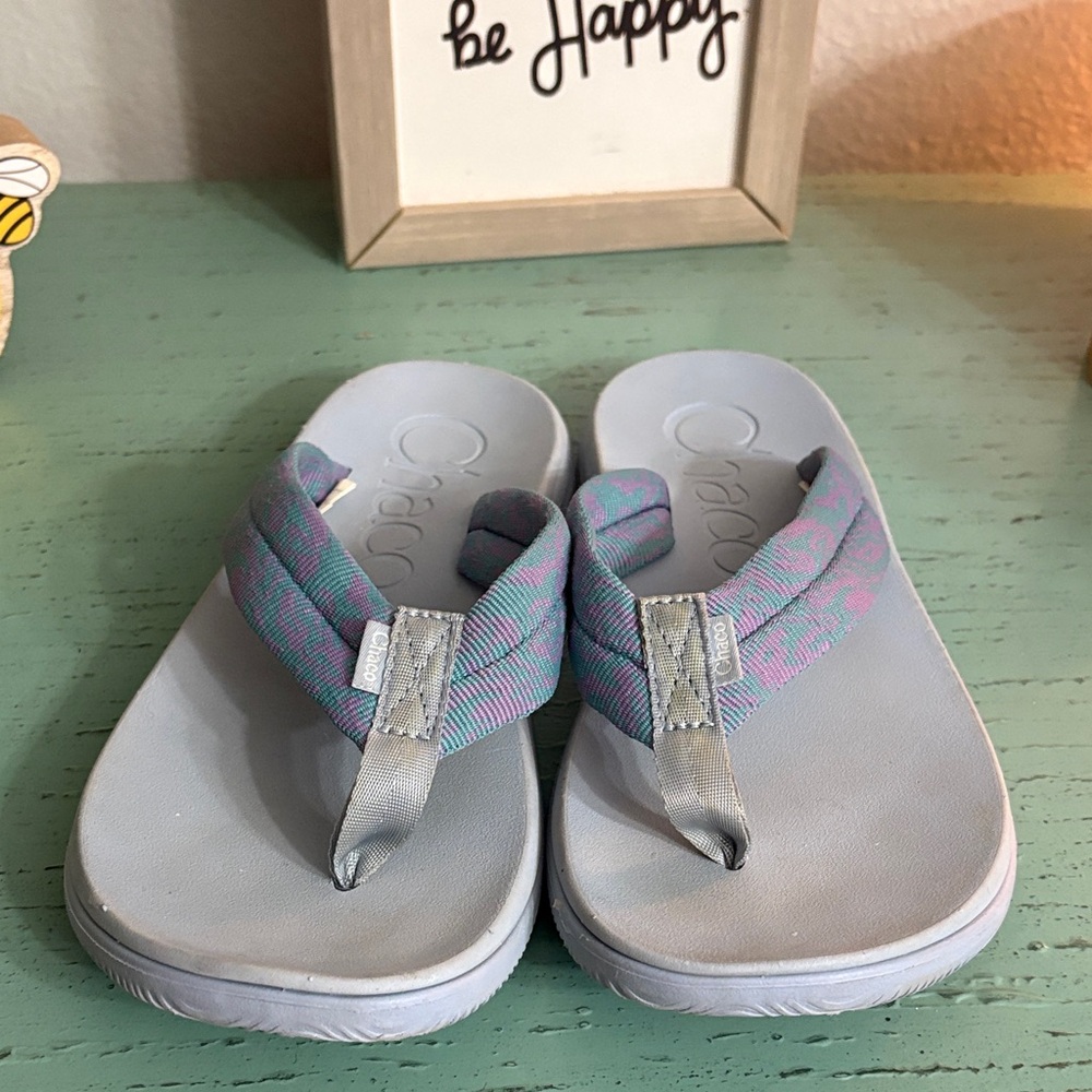 Chaco Kids Gray and Purple Flip Flops
